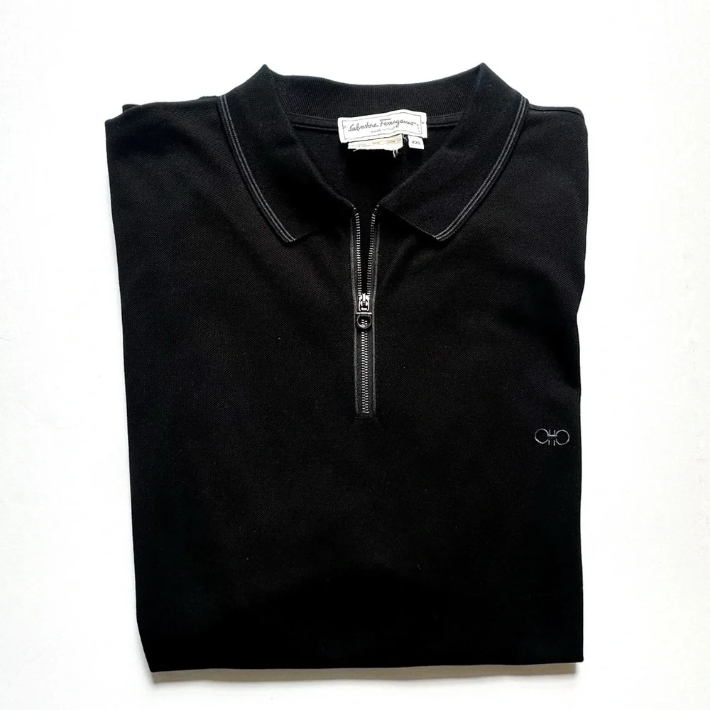 Salvatore Ferragamo Black Cotton Pique Logo Polo Shirt with Logo 3/4 Zipper XXL - Picture 9 of 13